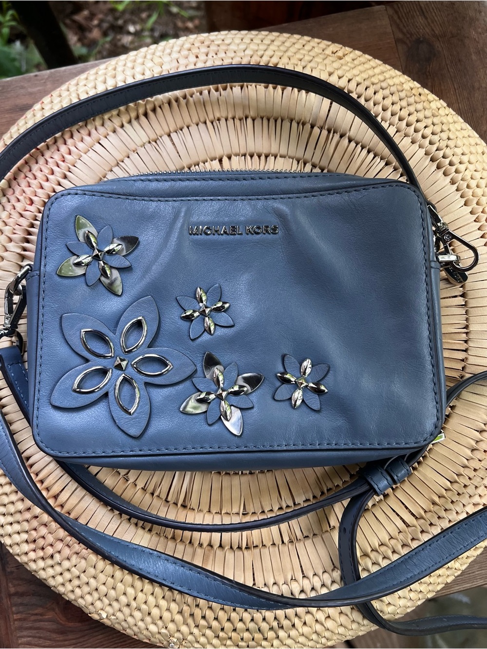 Michael Kors Blue Leather Floral Embellished Crossbody Bag